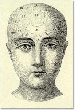 The complete encyclopaedia of illustration . J.G.Hecl. Plate 121, Illustrating the psychological relations of the brain (phrenology) Fig.18, Dibujo de Rostro y áreas cerebrales.